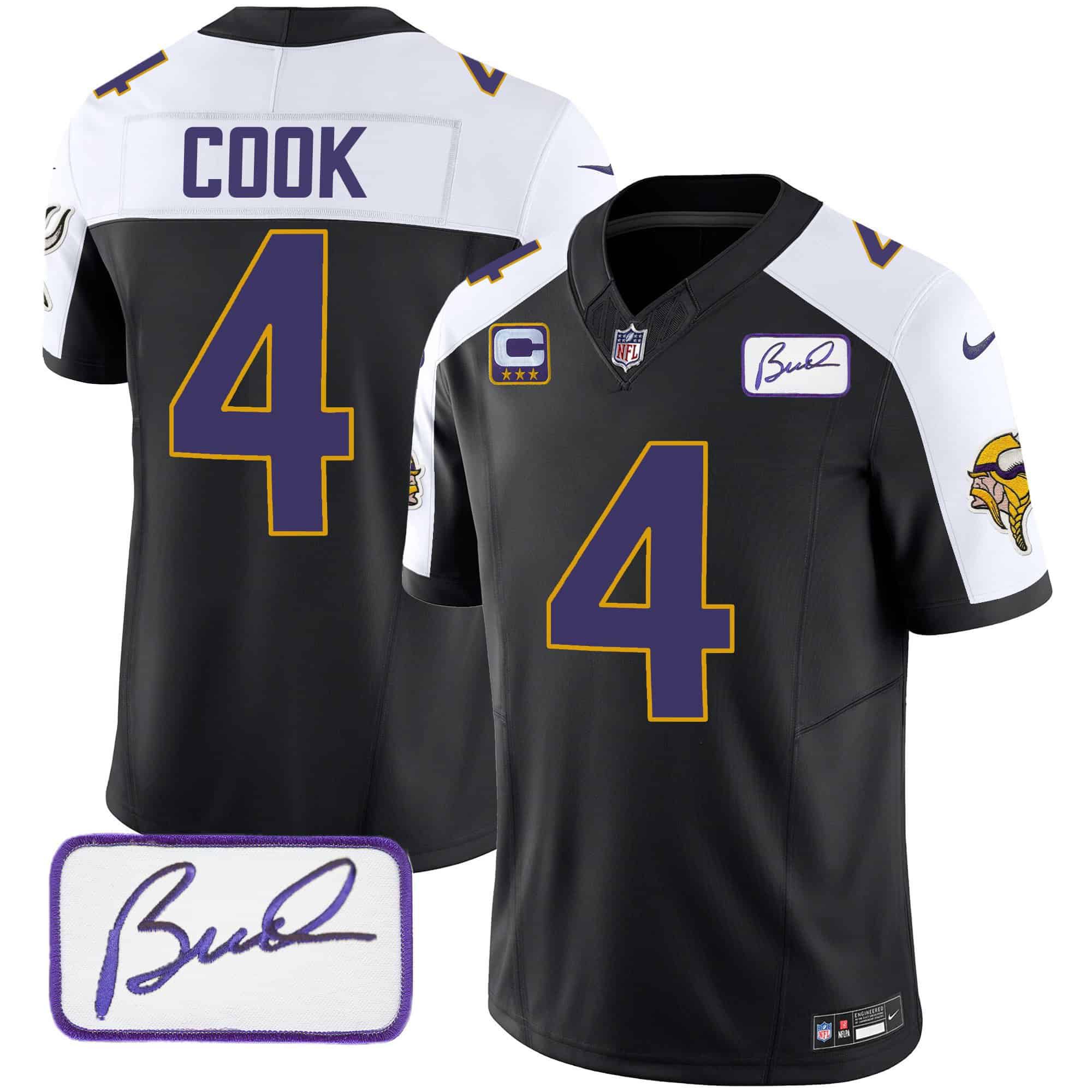Men Minnesota Vikings 4 Cook Black 2024 Nike Bud Grant Patch Classic Limited NFL Jersey style 1